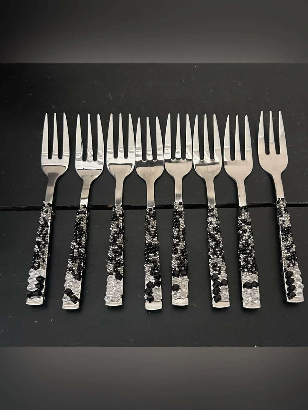 Beaded Handle Dessert Forks - Black and Silver Accent (Set)